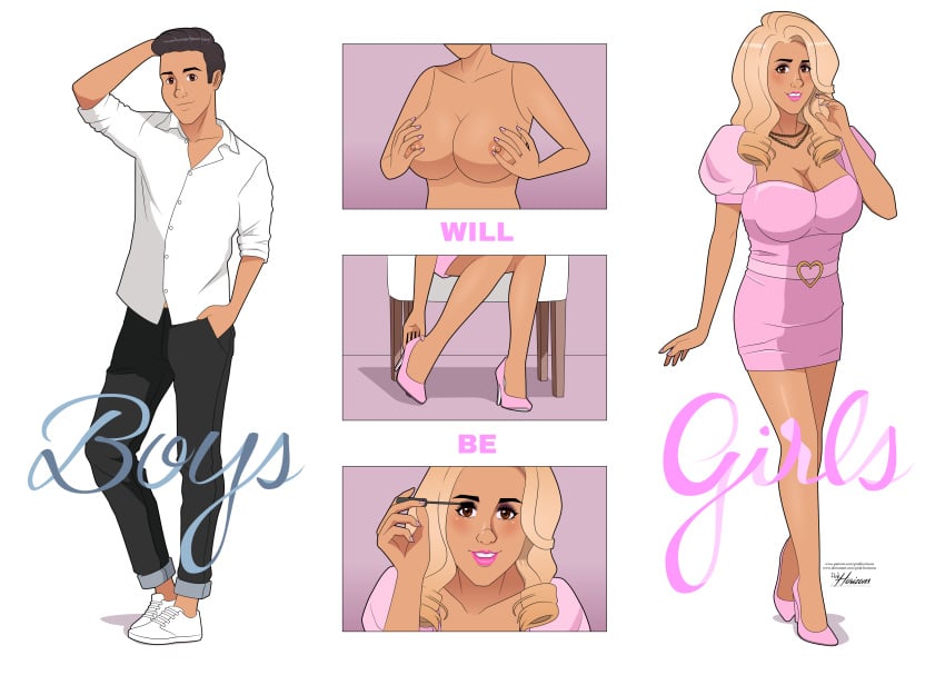 1boy bimbo bimbofication cleavage crossdressing crossdressing_male english_text femboy genderswap genderswap_(mtf) high_heels lipstick makeup original panties pink_horizons rule_63 text