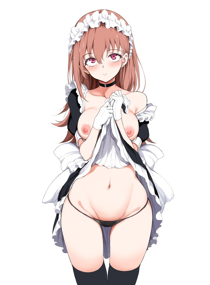 absurdres apron bangs black_choker black_legwear black_panties blush breasts choker female gloves highres kyokucho lifted_by_self long_hair maid maid_apron maid_headdress navel nipples original panties pink_eyes solo thighhighs underwear white_background white_gloves