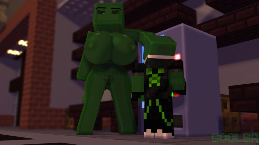 1boy 1girls 3d adult big_breasts city clothed_male_nude_female commission erect_nipples female goolba goolbabe green_body green_eyes green_skin looking_at_partner looking_down male mine-imator minecraft nude_female outside public public_nudity pussy slime_boy slime_girl tagme