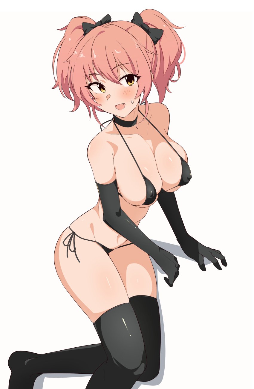 :d absurdres bangs bikini black_bikini black_bow black_choker black_gloves black_legwear bow breasts choker covered_nipples elbow_gloves eyebrows_visible_through_hair female female gloves hairbow halterneck highres idolmaster idolmaster_cinderella_girls jougasaki_mika large_breasts micro_bikini no_shoes oerba_yun_fang open_mouth pink_hair seihekiog shadow short_twintails side-tie_bikini simple_background sitting smile solo sweatdrop swimsuit thighhighs twintails white_background yellow_eyes