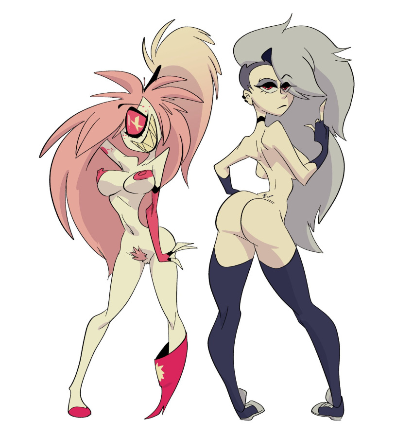 2demons 2girls ass big_ass big_breasts bottom_heavy breasts bush busty cherri_bomb child_bearing_hips curvy cyclops demon duo female female_only goth grey_hair hazbin_hotel helluva_boss hourglass_figure huge_ass human_loona large_ass large_breasts loona_(helluva_boss) multiple_girls naked nude pink_hair slb smooth_skin thick_thighs thunder_thighs white_background wide_hips