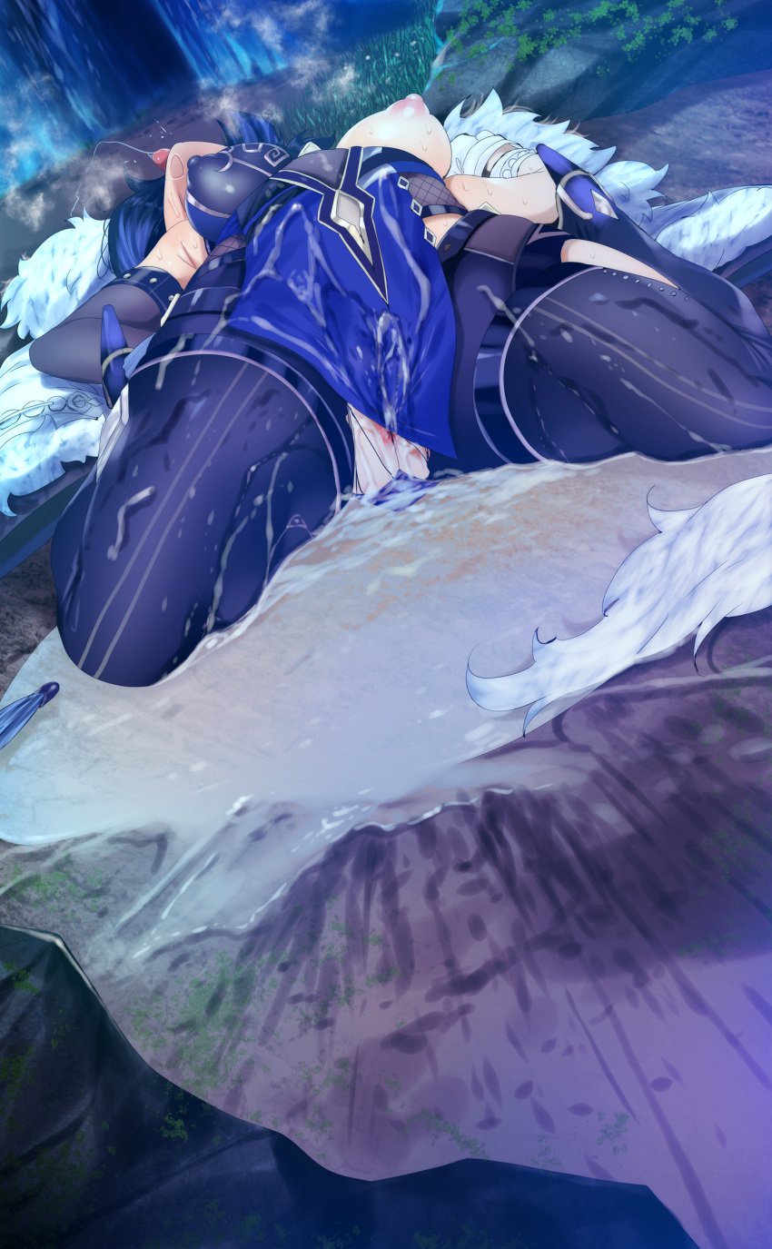 after_sex aftermath clothed clothed_sex cum female_only fucked_senseless fucked_silly fully_clothed fumihiko_(pixiv2658856) genshin_impact humiliation large_breasts nipples passed_out rape sleeping solo source_request tongue_out unconscious yelan_(genshin_impact)