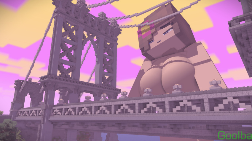 1girls 3d blue_eyes bridge brown_hair commission female female_only giant_breasts giantess goolba horny_female human_female humanoid jenny_belle_(slipperyt) looking_down macro mine-imator minecraft nude_female open_mouth outside public_nudity tagme