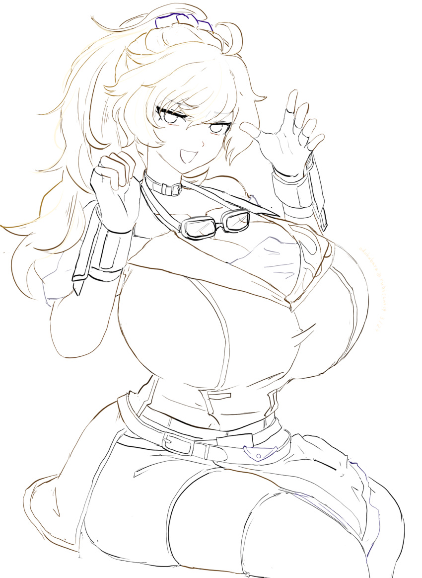 goggles_around_neck huge_breasts odakubara ponytail rwby sitting sketch yang_xiao_long