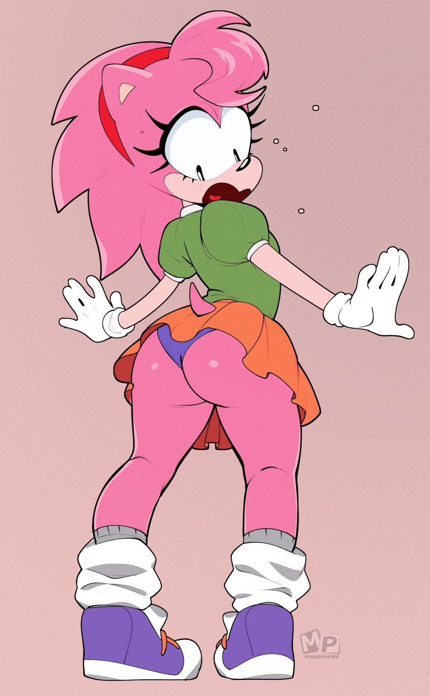 amy_rose ass big_ass boots classic_amy_rose clothed clothing exposed_ass female fur furry furry_only gloves looking_back mahmapuu miniskirt panties panties_showing solo sonic_(series) sonic_cd standing suprised suprised_look tagme tail thong tiara tshirt upskirt