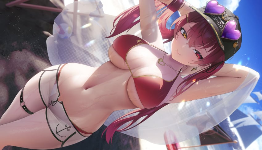 1girls 2022 alternate_version_available armpits arms_behind_head arms_up aya_(lezon) bikini booty_shorts breasts detailed_background dolphin_shorts earrings female female_only hat heart_earrings heart_glasses heterochromia hi_res hips hololive hololive_fantasy hololive_japan houshou_marine huge_breasts large_breasts long_hair looking_at_viewer naughty_face outdoors red_bikini red_eyes red_hair short_shorts shorts slim_waist sunglasses sunglasses_on_head sweat sweaty_body thick_thighs thighs twintails underboob virtual_youtuber wet wet_body white_shorts wide_hips yaye yellow_eyes