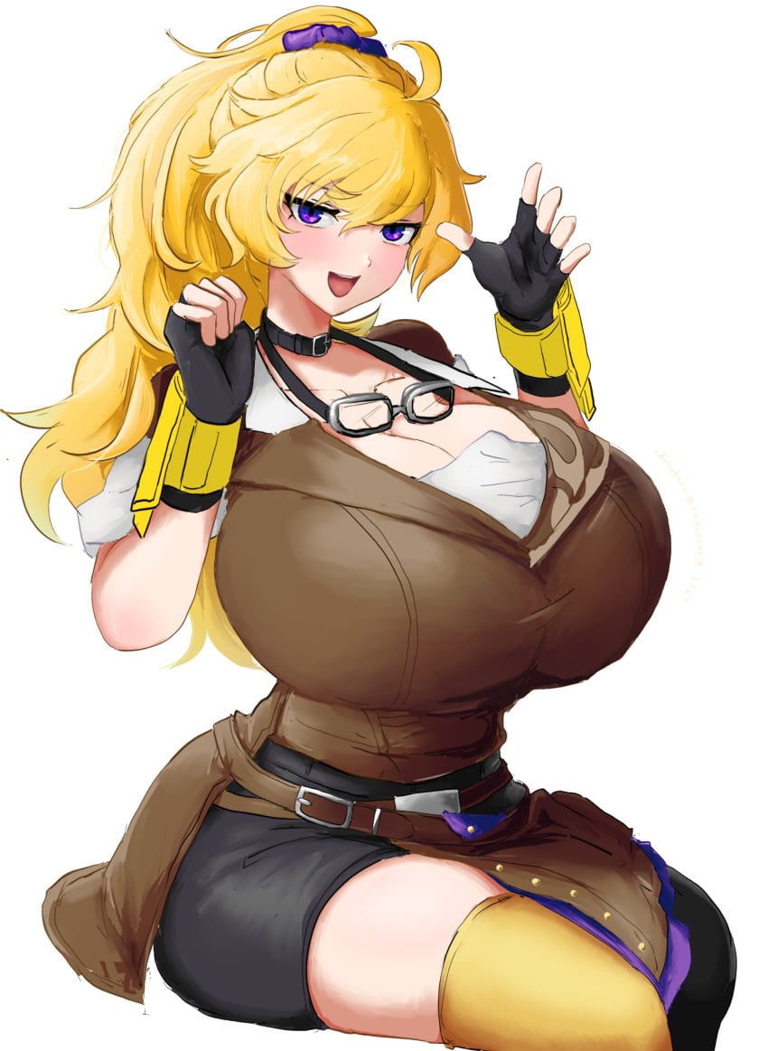 goggles_around_neck huge_breasts odakubara ponytail rwby rwby_ice_queendom sitting smiling_at_viewer white_background yang_xiao_long