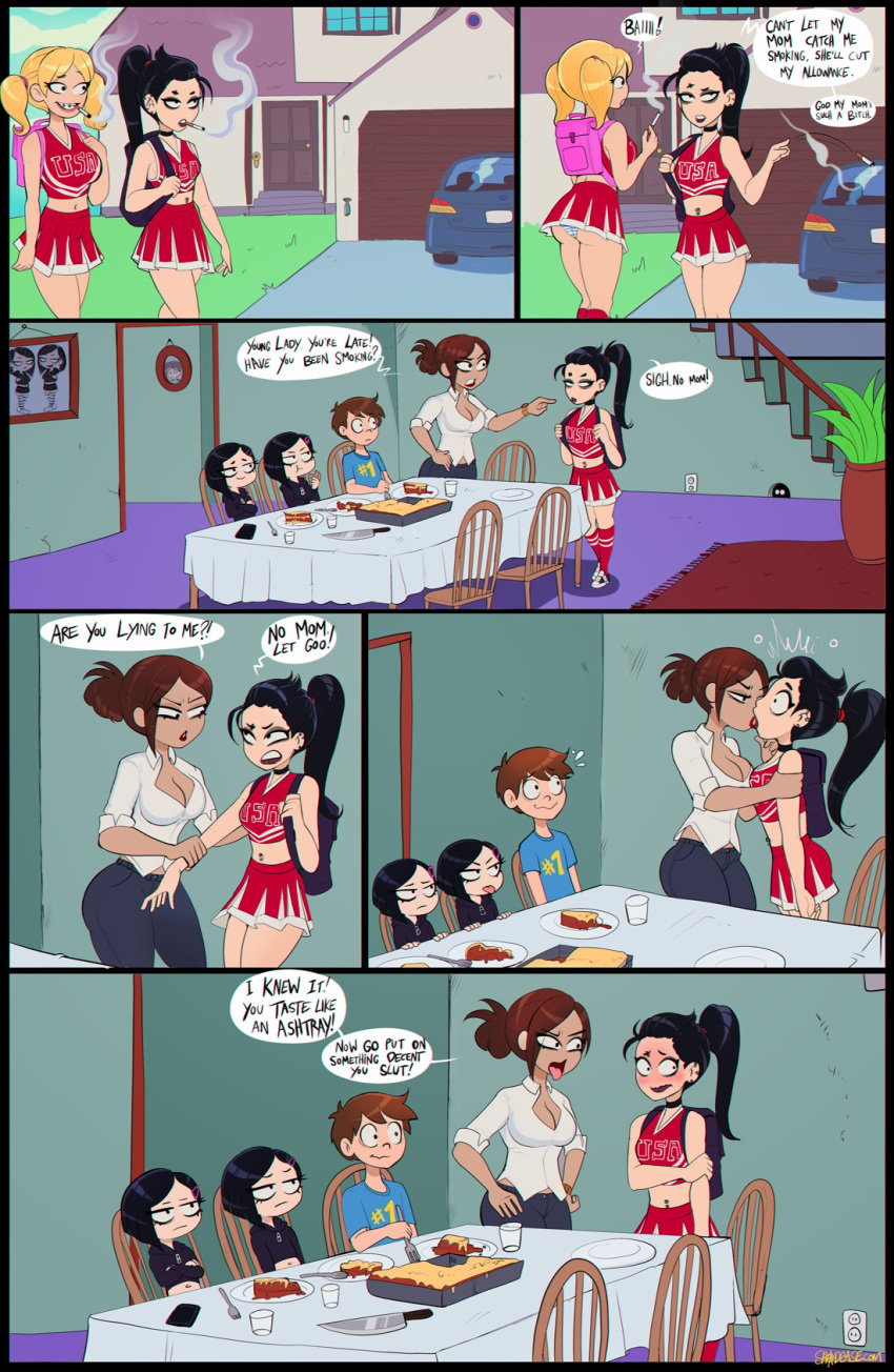 black_hair blush brown_hair cheerleader comic dialogue family female goth incest jimmy_(shadman) kissing mother_and_daughter original shadman shimapan smoking speech_bubble stacey's_mother_(shadman) stacey_(shadman) text twins yuri