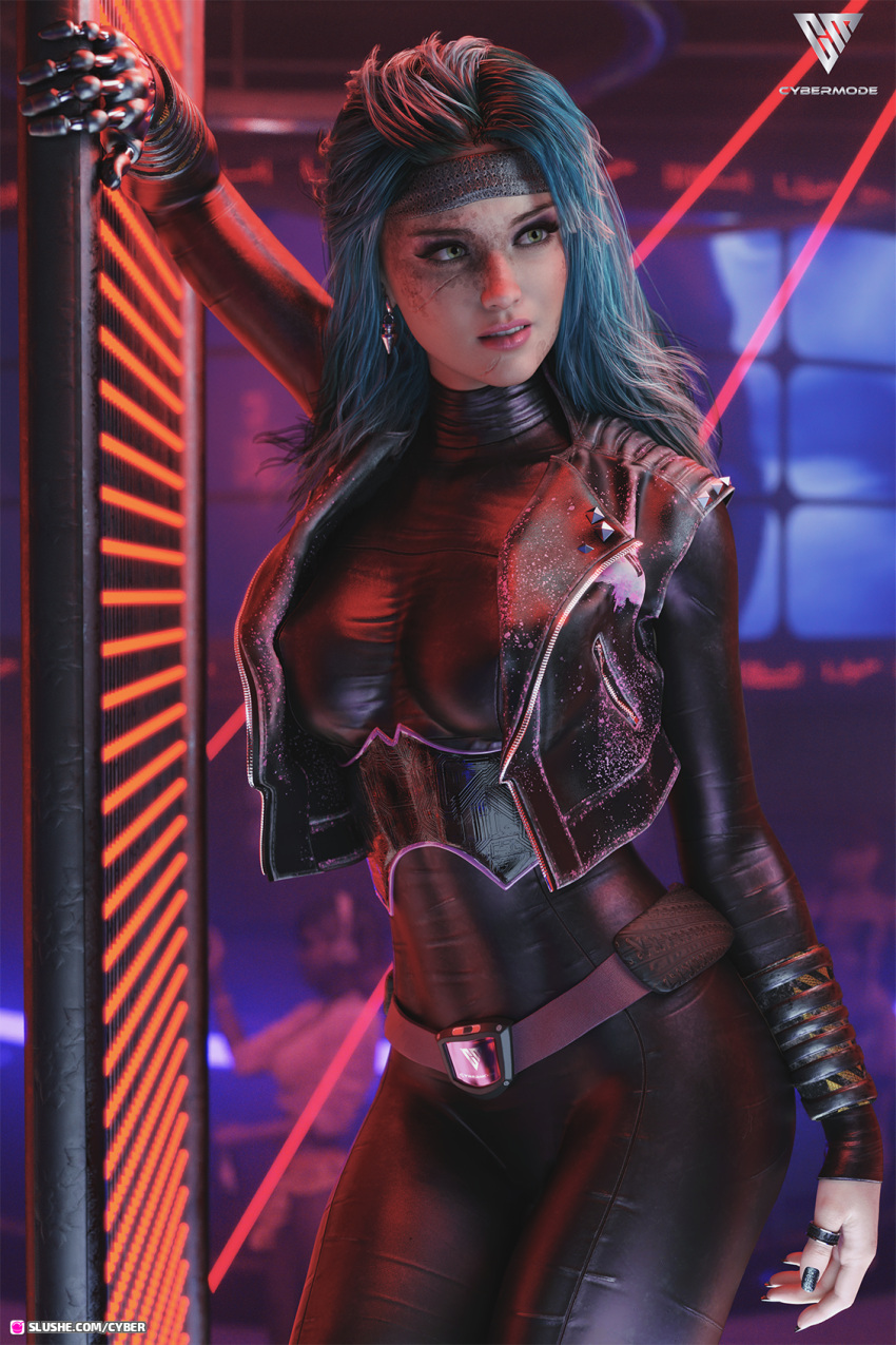 1girls 3d artist_logo black_nail_polish black_nails blue_hair bodysuit clothed clothing cyber_(artist) depth_of_field earrings female female_only headband large_breasts leaning_against_wall pinup scar scar_on_face sci-fi science_fiction slushe_(website) solo solo_female standing