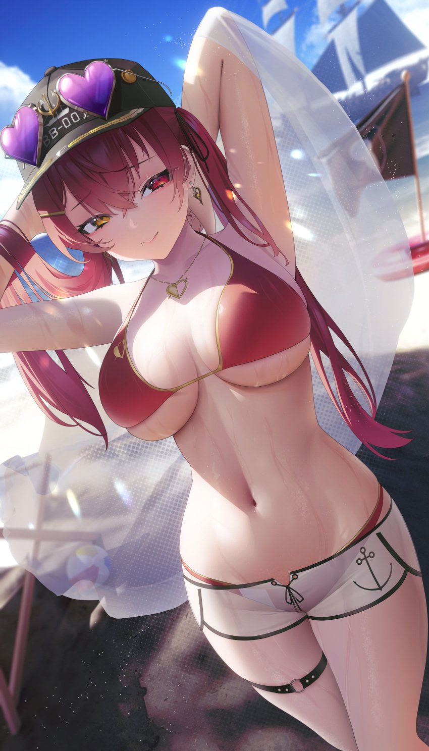 1girls 2022 armpits arms_behind_head arms_up aya_(lezon) bikini booty_shorts breasts detailed_background dolphin_shorts earrings female female_only hat heart_earrings heart_glasses heterochromia hi_res hips hololive hololive_fantasy hololive_japan houshou_marine huge_breasts large_breasts long_hair looking_at_viewer naughty_face outdoors red_bikini red_eyes red_hair short_shorts shorts slim_waist sunglasses sunglasses_on_head sweat sweaty_body thick_thighs thighs twintails underboob virtual_youtuber wet wet_body white_shorts wide_hips yaye yellow_eyes