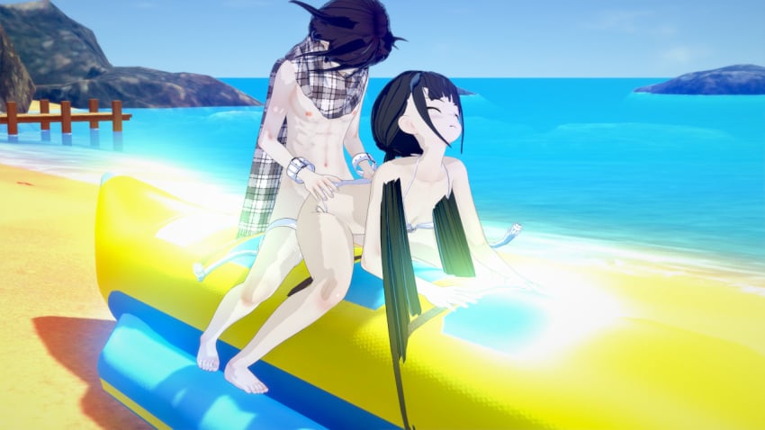 3d beach big_penis danganronpa from_behind harukawa_maki koikatsu kokichi_ouma ouma_kokichi riding_on_banana sex straight_hair vaginal_penetration