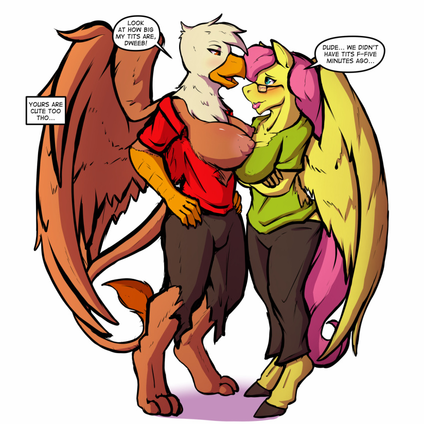 2020 after_transformation anthro avian beak big_breasts biobasher breasts brown_body clothed clothing dialogue duo english_text equid equine feathered_wings feathers female fluttershy_(mlp) friendship_is_magic fur gilda_(mlp) gryphon hair hasbro hi_res horse invalid_tag mammal my_little_pony mythological_avian mythology nipples pegasus pink_hair pony simple_background species_transformation straight_hair text topless torn_clothing transformation wings yellow_body yellow_feathers