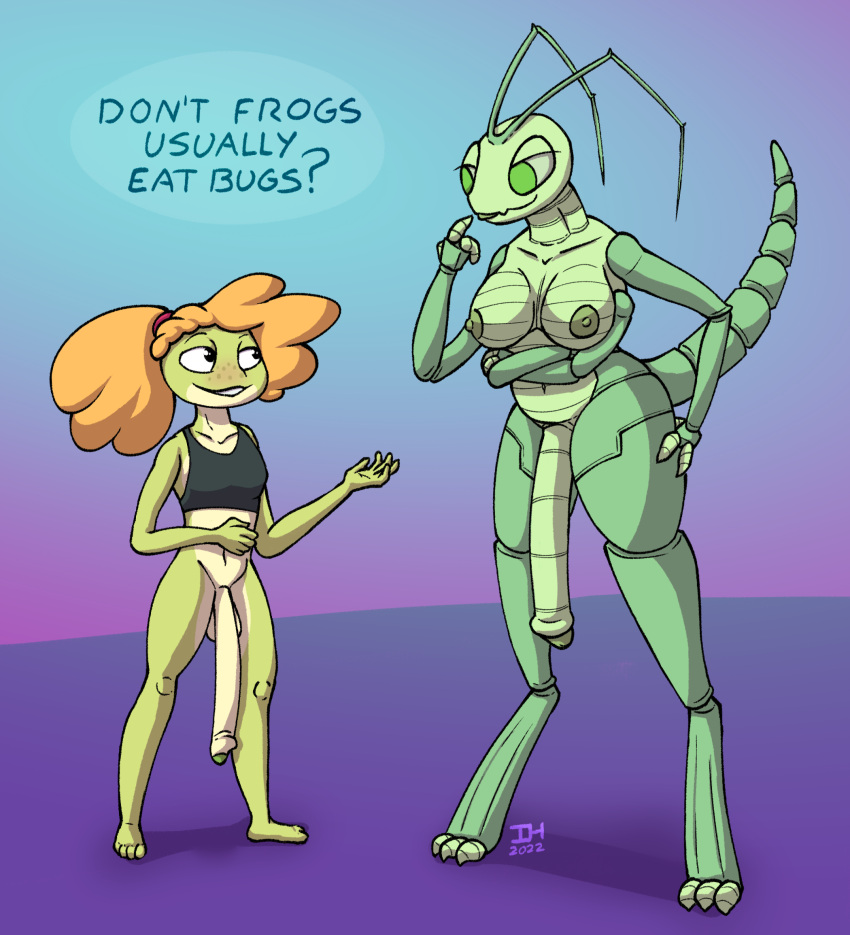 2futas amphibian amphibian_humanoid animal_humanoid antennae_(anatomy) anthro arms_crossed_under_breasts arthropod bedroom_eyes big_breasts big_penis blush bottomless bra bra_only breasts casual_nudity claws clothed clothing digitigrade duo frog frog_humanoid futanari genitals green_body green_eyes gynomorph gynomorph/gynomorph hair hi_res humanoid impishhyena insects intersex intersex/intersex long_penis megan_ziegler narrowed_eyes penis phasmid ponytail presenting raised_tail seductive size_difference sly stick_bug_(impishhyena) thick_thighs tongue tongue_out underwear underwear_only wide_hips