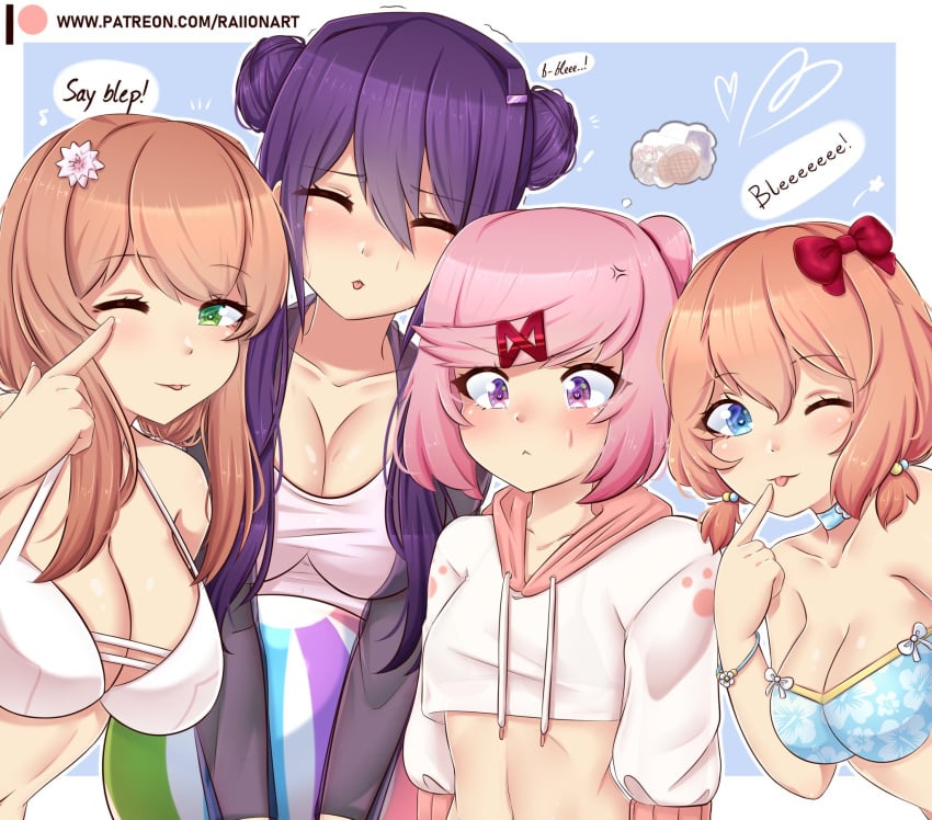 4girls :< :<p adorable alternate_hairstyle big_breasts blep blue_eyes broken_heart-shaped_pupils brown_hair cleavage closed_eyes cute doki_doki_literature_club english_text female female_only green_eyes heart-shaped_pupils looking_at_viewer midriff monika_(doki_doki_literature_club) multiple_girls natsuki_(doki_doki_literature_club) pink_eyes pink_hair purple_hair raionart sayori_(doki_doki_literature_club) speech_bubble strawberry_blonde_hair thinking thought_bubble yuri_(doki_doki_literature_club)