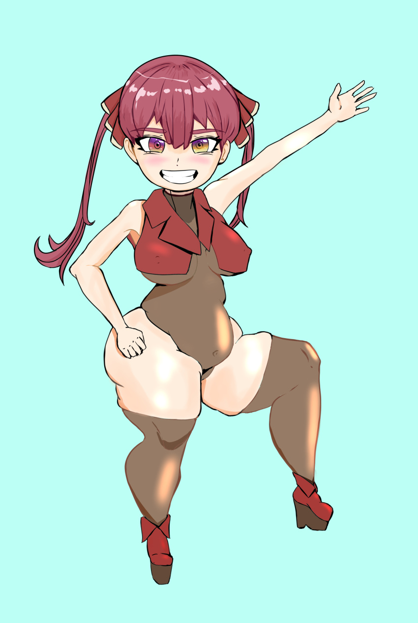 ankle_boots bangs belly_button blush boots colored erect_nipples freesphinx heterochromia hololive hololive_fantasy hololive_japan houshou_marine large_ass large_breasts leotard looking_at_viewer pirate red_hair shortstack simple_background skindentation smile thick_thighs thighhighs twintails virtual_youtuber wide_hips