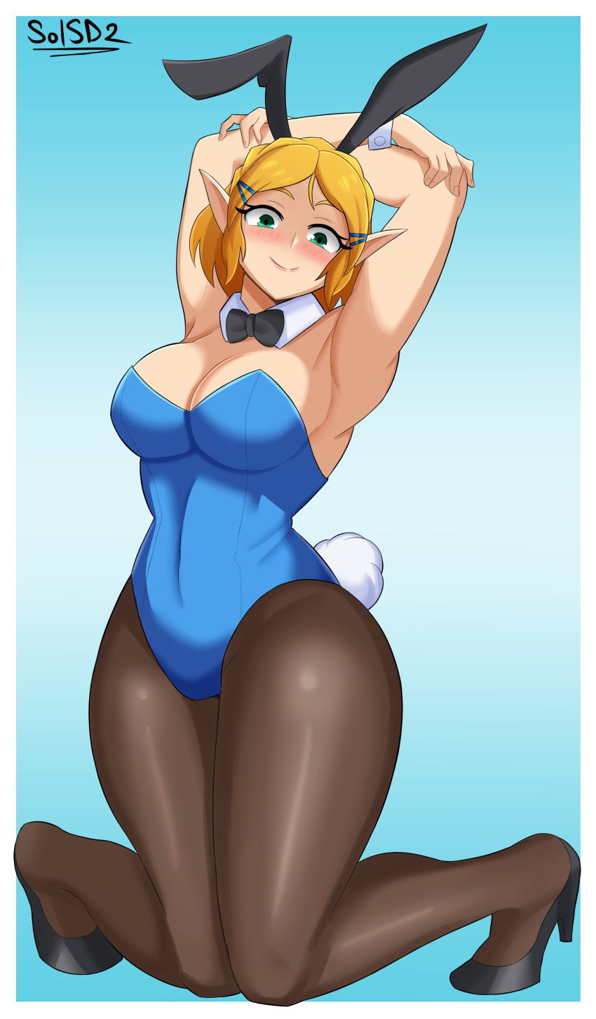 1girls armpits arms_behind_head big_breasts blonde_hair breasts bunny_ears bunnysuit busty cleavage female female_focus female_only green_eyes large_breasts leotard looking_at_viewer nintendo pantyhose pointy_ears pose posing princess_zelda sensual short_hair smile sol-sama_d2 solo tears_of_the_kingdom the_legend_of_zelda thick_thighs thunder_thighs zelda_(tears_of_the_kingdom)