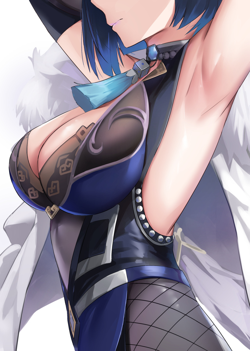 1girls absurd_res armpits bare_shoulders collared_shirt curvy female female_focus female_only fishnets genshin_impact jacket jacket_on_shoulders large_breasts lipstick necklace necklace_between_breasts see-through see-through_clothing skai_kun solo yelan_(genshin_impact)