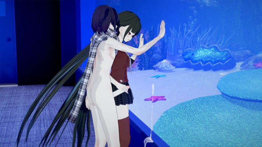 3d against_glass aquarium big_penis clothed cum_on_glass danganronpa harukawa_maki koikatsu kokichi_ouma ouma_kokichi public_nudity secret small_breasts straight_hair