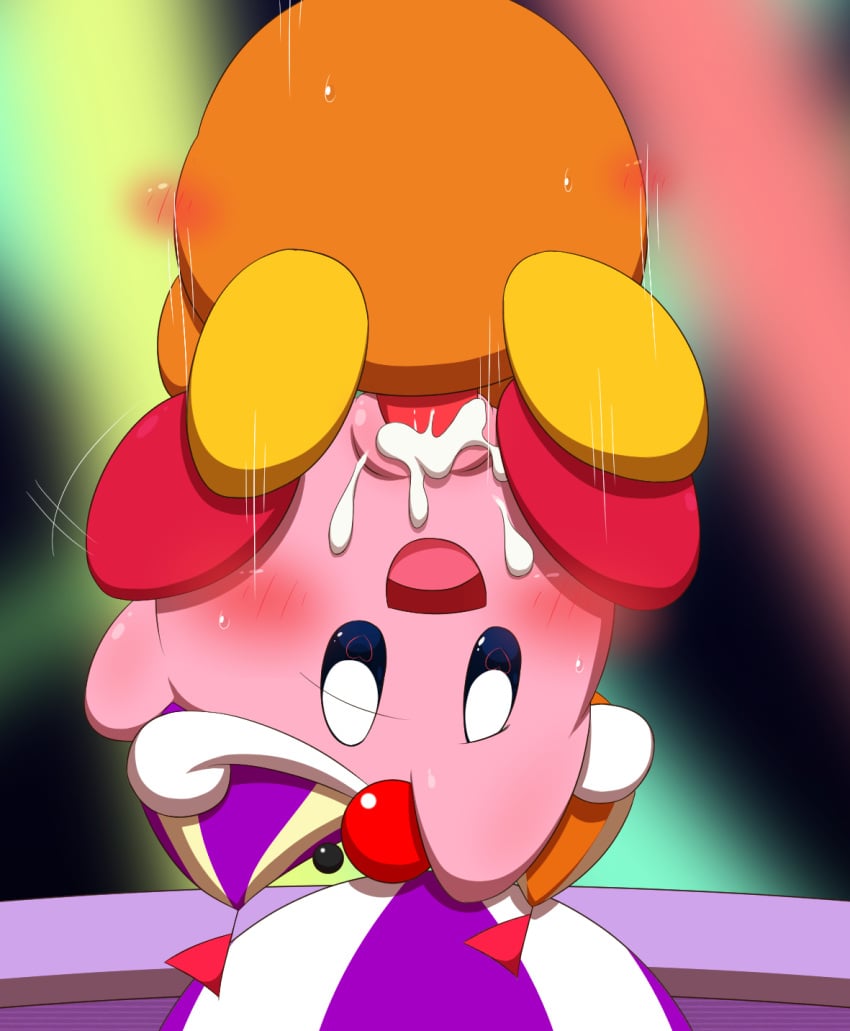 <3_eyes balancing ball blurred_background bodily_fluids brown_body clothing cum cum_in_pussy cum_inside duo female female_penetrated flag genital_fluids genitals handstand hat headgear headwear heart hi_res kirby kirby_(series) male male/female male_penetrating male_penetrating_female minami_(artist) nintendo not_furry penetration penis pink_body pussy reverse_piledriver_position sex upside-down video_games waddle_dee waddling_head