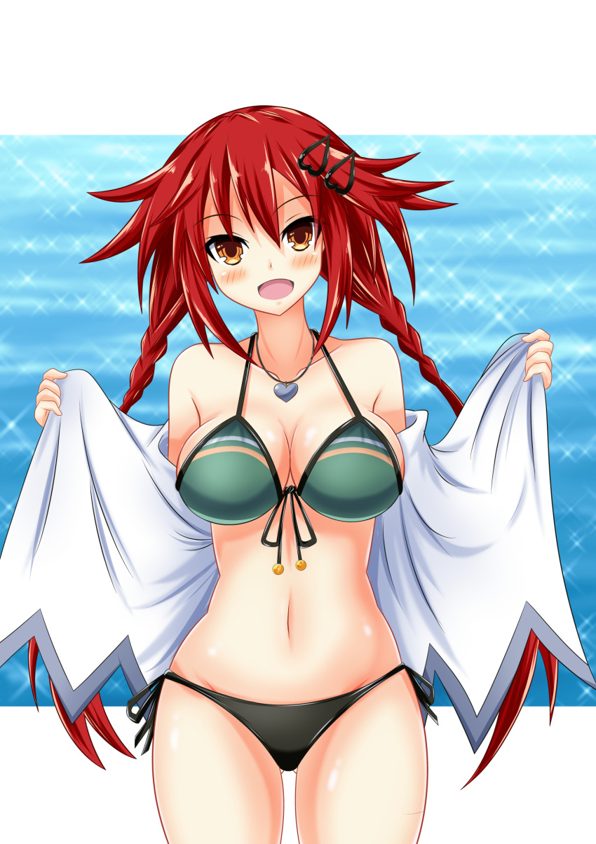 1girls alternate_breast_size beach big_breasts bikini blush braid breasts busty cleavage green_bikini kyou_(hibikit) large_breasts long_hair looking_at_viewer navel neptunia_(series) ocean orange_eyes presenting red_hair smile swimsuit twin_braids uzume_tennouboshi voluptuous water