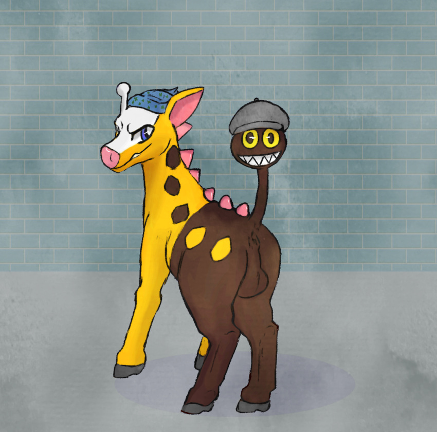 anus ass backsack balls bandana clothing genitals girafarig headgear headwear hi_res joseph_(linker) kerchief lawlessfangs living_tail looking_at_viewer looking_back male nintendo pokémon_(species) pokemon presenting presenting_hindquarters raised_tail simple_background smile solo tail_head tail_mouth unusual_anatomy unusual_tail video_games