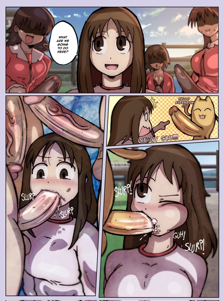 1girls 3futas azumanga_daiou blowjob blush chiyo_chichi comic comic_page dialogue fellatio futanari imminent_oral imminent_sex kagura_(azumanga_daiou) koyomi_mizuhara large_penis onomatopoeia oral oral_sex osaka_ayumu_kasuga theodyss tomo_takino veiny_penis