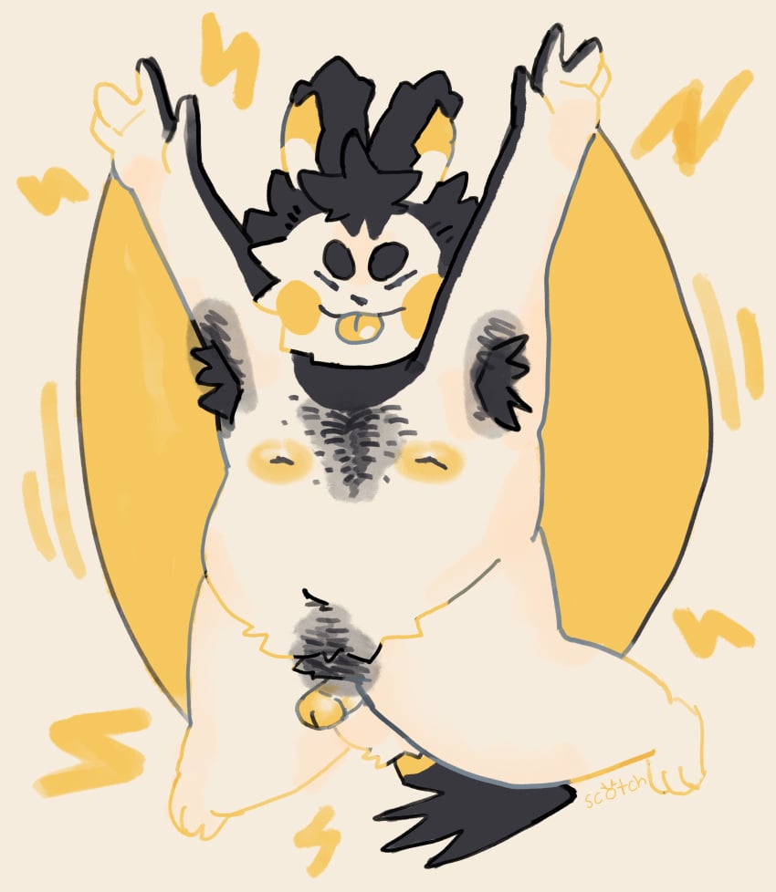 1boy absurd_res anthro areola armpit_hair armpit_tuft ball_tuft balls belly big_nipples black_body black_fur black_hair body_hair cheek_markings chest_hair closed_eyes countershading cute_expression emolga facial_markings fluffy front_view fupa fur genitals hair hairy happy_trail head_markings hi_res male male_only markings membrane_(anatomy) navel nintendo nipples overweight overweight_anthro overweight_male patagium paws penis pokémon_(species) pokemon pubes scotchantlers slightly_chubby slightly_chubby_male small_penis smile solo spread_wings tongue tongue_out tuft video_games white_body wings yellow_body yellow_fur