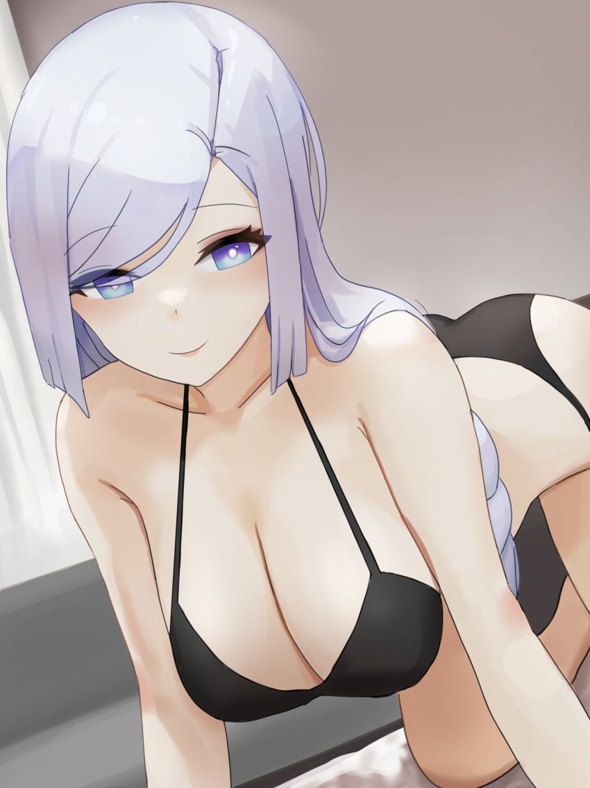 1girls all_fours big_breasts bra breasts dolri female female_only genshin_impact large_breasts looking_at_viewer panties shenhe_(genshin_impact) tagme underwear underwear_only white_hair