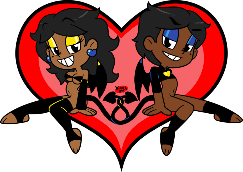 1boy 1girls arm_sleeves black_hair bra_only brother brother_and_sister chibi dark-skinned_female dark-skinned_male demon_boy demon_girl demon_tail demon_wings devil_tail devil_wings eyeshadow grin incubus looking_at_viewer lovin’sis mike_(xierra099) no_panties no_underwear seducing seductive seductive_smile siblings sister sister_and_sister smiling_at_viewer succubus tank_top_only thighhighs transparent_background valerie_(xierra099) wings xierra099