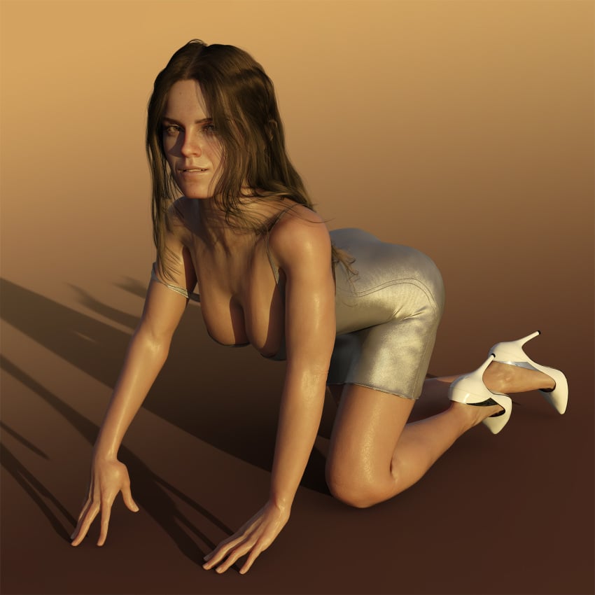 3d celebrity data_mining dress emma_watson heels high_heels on_all_fours realistic simple_background tagme tight_clothing tight_dress