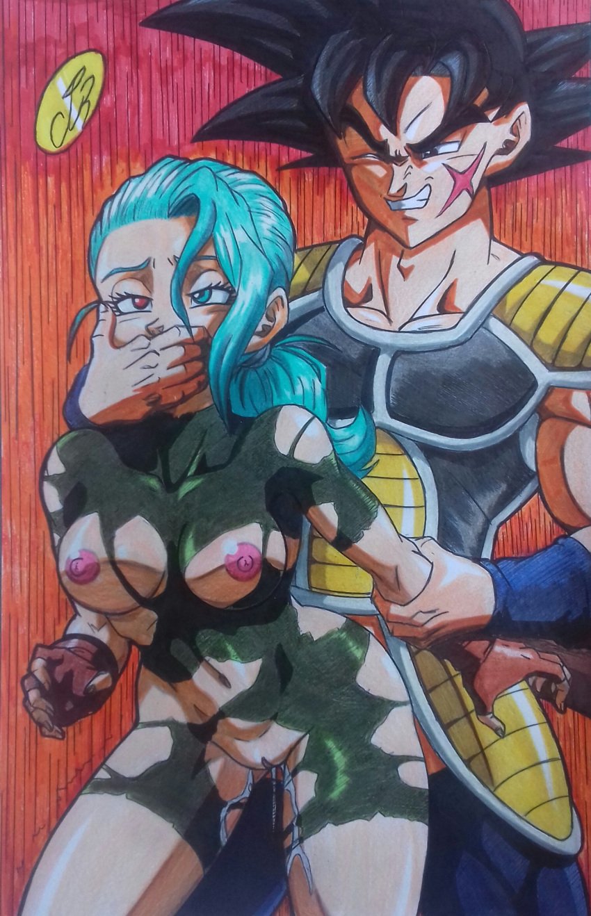 1boy 1girls areolae armor bardock black_hair blue_eyes blue_hair bodysuit breasts cerealian covering_another's_mouth covering_mouth dragon_ball dragon_ball_super dragon_ball_z fingerless_gloves hair_over_one_eye hand_over_another's_mouth hand_over_mouth handgag heterochromia implied_sex interspecies muezli nipples one_eye_closed orange_background pussy red_eyes ruyjey19 saiyan scar sex spiky_hair thick_thighs torn_bodysuit torn_clothes torn_clothing traditional_media_(artwork) watermark wet