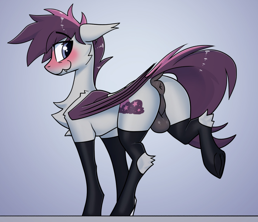 absurd_res anus armwear bat_pony bat_wings blush clothing dock ears_down elbow_gloves equid fenixdust feral gloves hair handwear hi_res leggings legwear looking_back male mammal membrane_(anatomy) membranous_wings my_little_pony perineum pivoted_ears puffy_anus purple_hair purple_tail tail_aside tuft wings