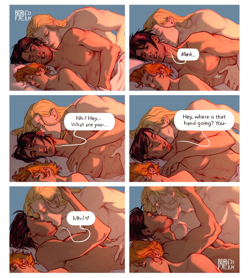 1girls 2boys alucard_(castlevania) bare_chest bed bedroom bedroom_setting bisexual bisexual_male bishonen bornfreak castlevania castlevania_(netflix) comic comic_page dhampir english_text facial_hair fangs gay happy heart kissing licking licking_neck long_hair_male love mmf moaning morning muscular_male ot3 partially_clothed polyamory scar_across_eye scars short_hair sleeping sleepy sunlight sypha_belnades tender throuple trevor_belmont twunk vampire waking_up wholesome yaoi