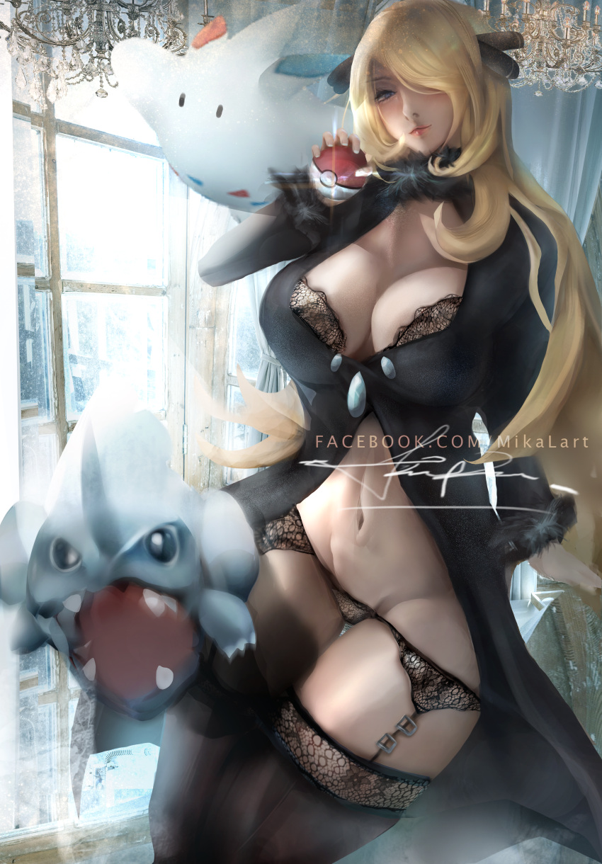 1girls absurd_res blonde_hair breasts cleavage cynthia_(pokemon) female female_focus garter_belt garter_straps gible hair_over_one_eye hi_res large_breasts midriff nintendo pokemon pokemon_dppt pure_eggplant thighhighs thighs togekiss wide_hips