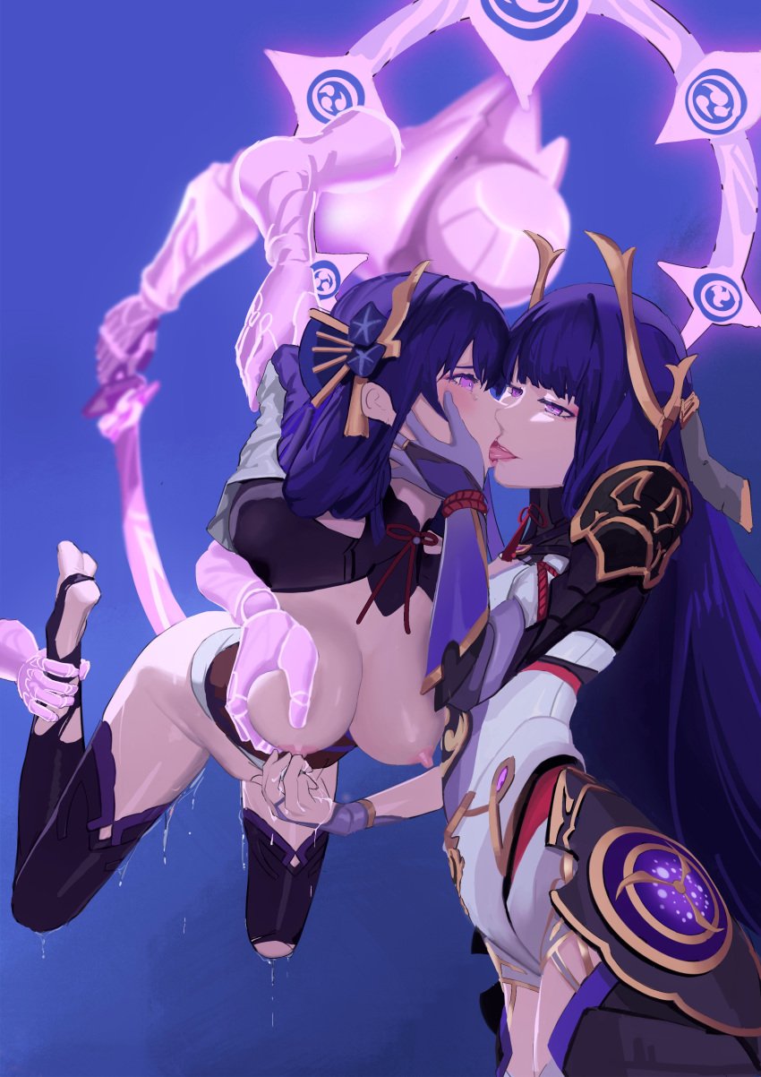 2girls absurdres arms_behind_back bangs blunt_bangs blush bondage breast_grab breasts caijidayisheng captured crying defeat defeated defeated_heroine face-to-face feet flower french_kiss genshin_impact gloves grabbing groping hair_flower hair_ornament half-closed_eyes hand_on_another's_face highres hime_cut holding holding_sword holding_weapon kissing lactation large_breasts leotard long_hair mechanical_arms multiple_girls nipples open_mouth purple_eyes purple_hair raiden_shogun raiden_shogun_(magatsu_mitake_narukami_no_mikoto) restrained selfcest smile sweat sword thighhighs tongue tongue_out torn_clothes torn_legwear vambraces weapon yuri