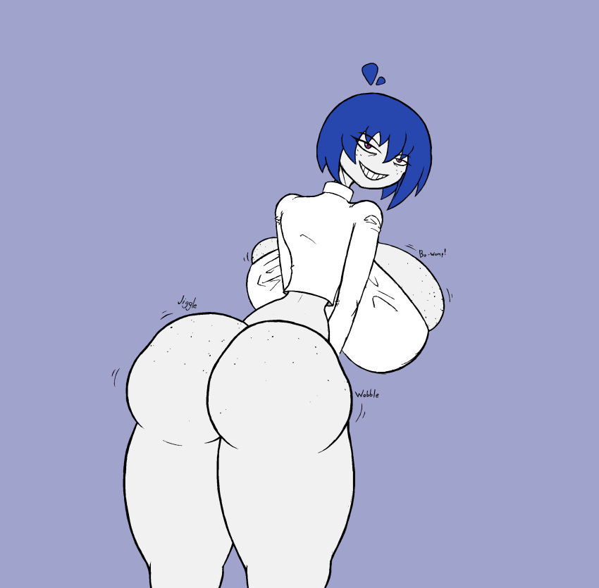 1girls ahoge areolae big_areola big_nipples blue_hair bottomless breast_squish breasts_bigger_than_head bubble_butt bursting_breasts busty fanart female female_only freckles gorossy_(artist) goth grey_skin grin highres huge_areolae huge_ass huge_breasts huge_thighs jiggle jiggling_ass long_legs looking_at_viewer looking_back massive_ass massive_breasts messy_hair peace_sign puffy_areola puffy_nipples punk purple_eyes shaking_butt shirt short_hair skindentation small_waist smile sound_effect taller_girl thick_legs thick_thighs thin_waist tiddy_(megabippy) tight_clothing tiny_waist wide_hips