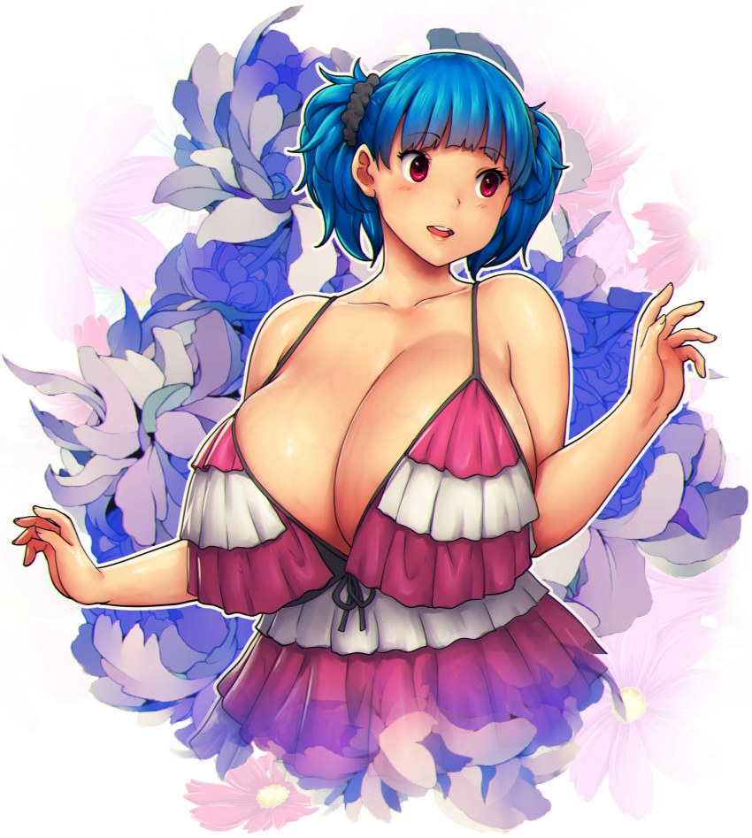 1girls bare_shoulders black_scrunchie blue_hair blush bursting_breasts cleavage collarbone covering_breasts dress dress_straps enormous_breasts errorkazoo eyebrows_visible_through_hair female_focus female_only floral_background flowers hair_ornament hair_scrunchie hi_res high_resolution highres huge_breasts looking_to_the_side massive_breasts multicolored multicolored_clothes multicolored_dress open_mouth original original_character outline purple_flower red_eyes rina_atherina rina_atherina_(errorkazoo) scrunchie short_hair single_female single_girl solo solo_female standing twintails two_tone_clothing two_tone_dress upper_body upper_teeth voluptuous white_flower white_outline