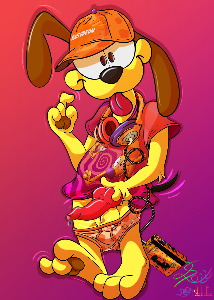 absurd_res anthro balls_in_underwear bottomless briefs_down canid canine canis catdog_(series) clothed clothing domestic_dog garfield_(series) hat headgear headphones headphones_around_neck headwear hi_res knot lobofeo male male_focus male_only male_solo mammal nickelodeon odie paramount_pictures pawpads paws paws,_inc. solo solo_male walkman