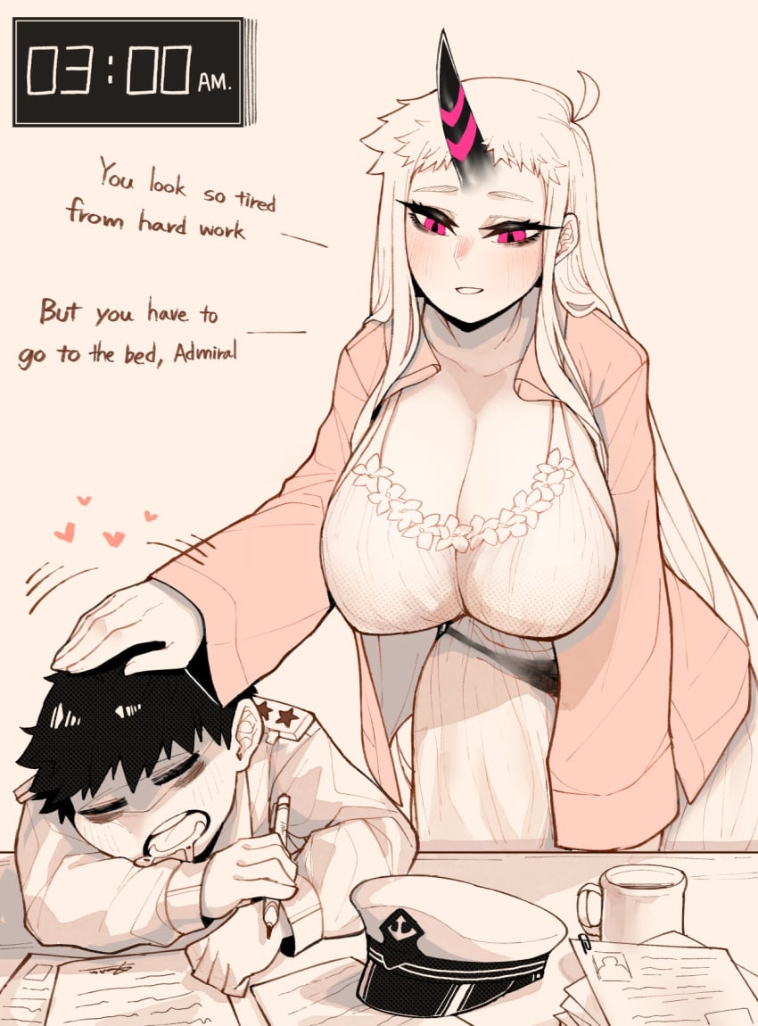 1boy 1boy1girl 1girls 2021 admiral_(kantai_collection) bad_grammar big_breasts black_hair breasts cleavage closed_eyes dialogue drooling english english_text female hat horn huge_breasts kantai_collection large_breasts long_hair male pink_eyes seaport_hime short_hair sleeping text underwear uni_(oni_unicorn) white_hair wholesome