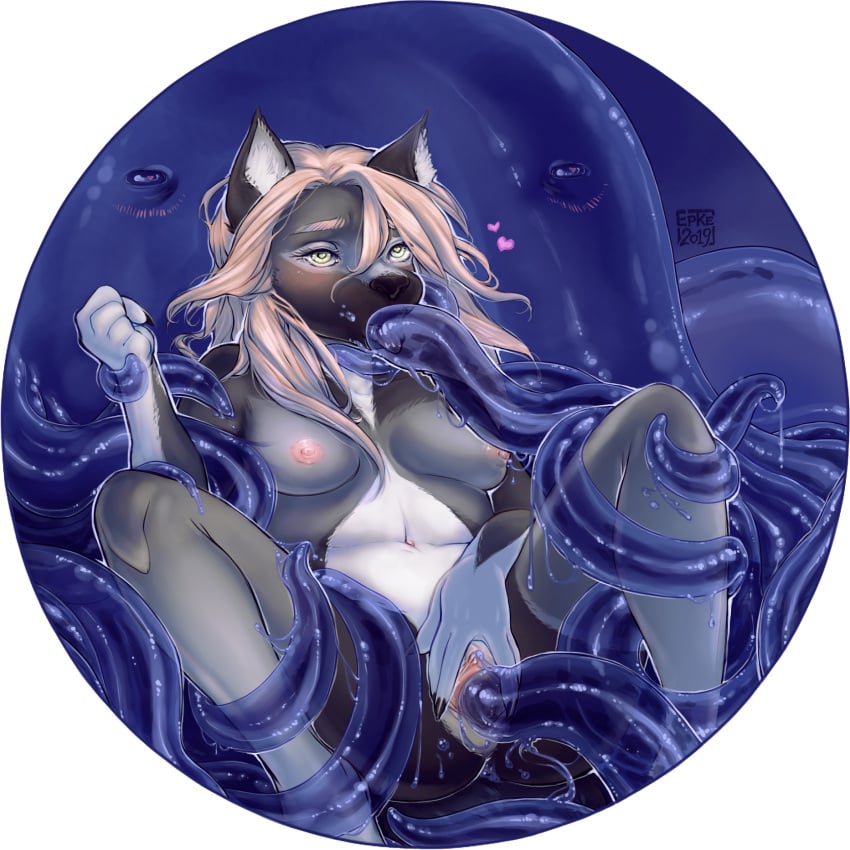 anthro canid canine canis duo epke female genitals goo_creature green_eyes hi_res invalid_tag mammal monster nipples nsfw open_mouth penetration pink_nipples pussy slime spread_legs spread_pussy spreading tentacle tentacle_penetration tentacle_sex vashaa wolf