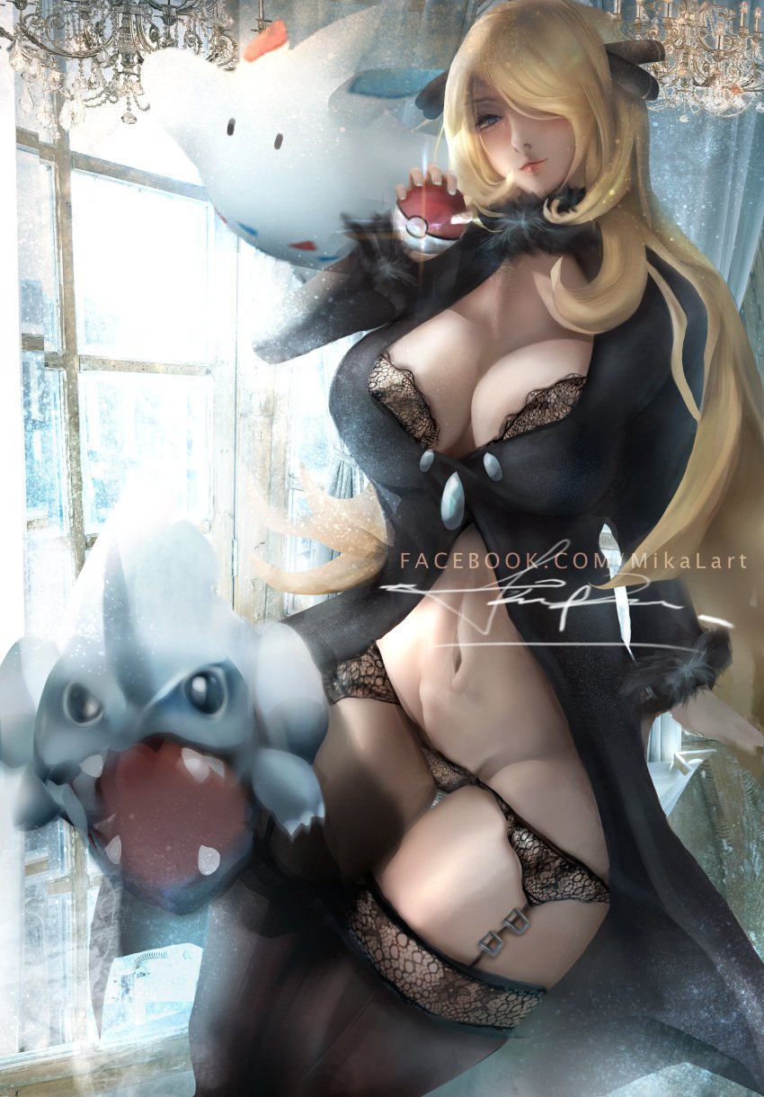 1girls absurd_res blonde_hair breasts cleavage cynthia_(pokemon) female female_focus garter_belt garter_straps generation_4_pokemon gible hair_over_one_eye hi_res large_breasts midriff nintendo pokémon_(species) pokemon pokemon_dppt pure_eggplant thighhighs thighs togekiss wide_hips