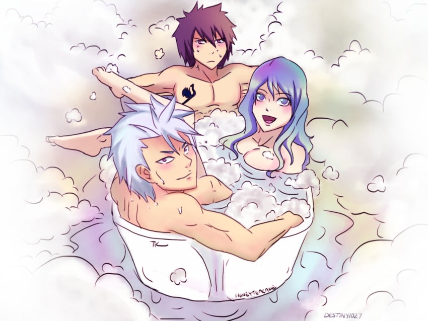 1girls 2boys fairy_tail female gray_fullbuster hot_spring inspired-destiny juvia_lockser lyon_vastia male nude onsen polyamory