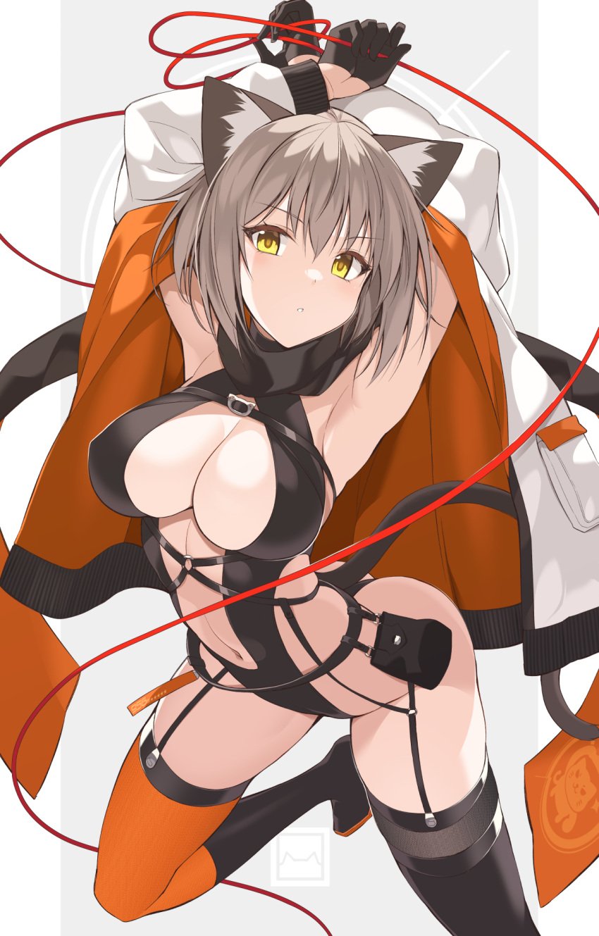 animal_ears breasts cat_ears cat_girl cat_tail closed_mouth female gloves highres jacket light_brown_hair looking_at_viewer ohta_yuichi original revealing_clothes ribbon tail thighs un9man yellow_eyes