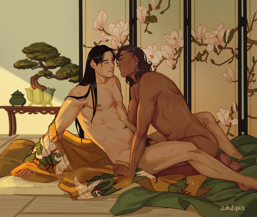 2boys artistic_background artistic_nude ash_&_spice asian asian_male avatar_the_last_airbender bare_chest bed bedroom bedroom_setting bishonen body_hair eye_contact gay happy jewelry long_hair_male love male_only melanin muscular_male nude_male penis playful pubic_hair romantic romantic_couple scars side_shave smile sokka tender twunk wholesome yaoi zuko