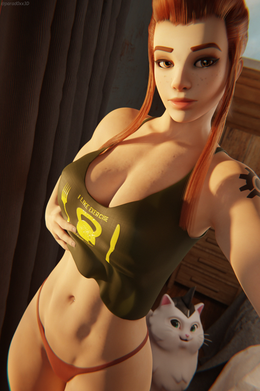 1girls 3d breasts brigitte cleavage female female_only freckles lifting_shirt looking_at_viewer midriff no_bra overwatch panties parad0xx3d self_upload solo tank_top