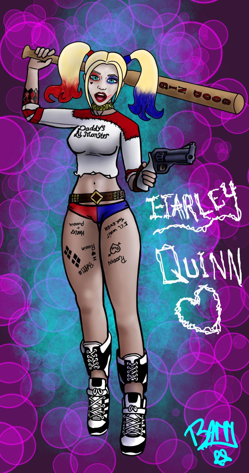 baseball_bat blonde_hair blue_background blue_eyes body_writing boots cameltoe choker dyed_hair exposed_midriff gun harley_quinn makeup midriff open_mouth pigtails purple_background revolver skimpy smudged_makeup tagme tattoo white_face writing