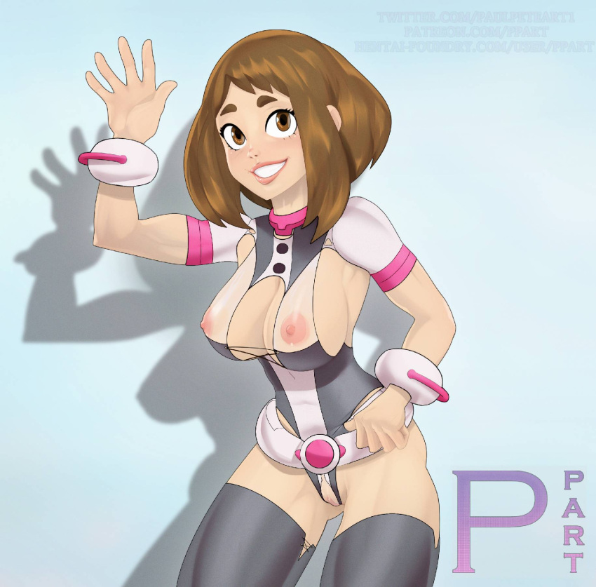 1girls arm_up brown_hair clothed clothing collar crotchless crotchless_clothes female female_only human medium_breasts mostly_nude my_hero_academia ochako_uraraka ochako_uraraka_(hero_outfit) ppart short_hair slutty_outfit smile solo stockings transparent_clothing uraraka_ochako uraraka_ochako_(hero_outfit) voluptuous