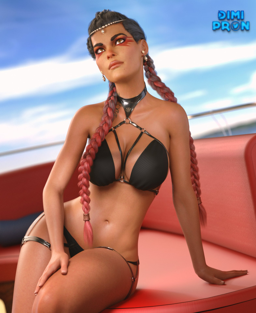 3d apex_legends big_breasts bikini black_hair boat braided_hair brown_eyes dimipron latina loba_(apex_legends) red_hair respawn_entertainment solo tagme tan-skinned_female