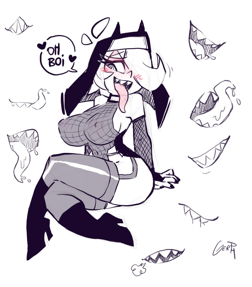 boots fishnets gerph legwear monochrome nun nun's_habit skarp_world skarpne_(skarp_world) speech_bubble tongue_out