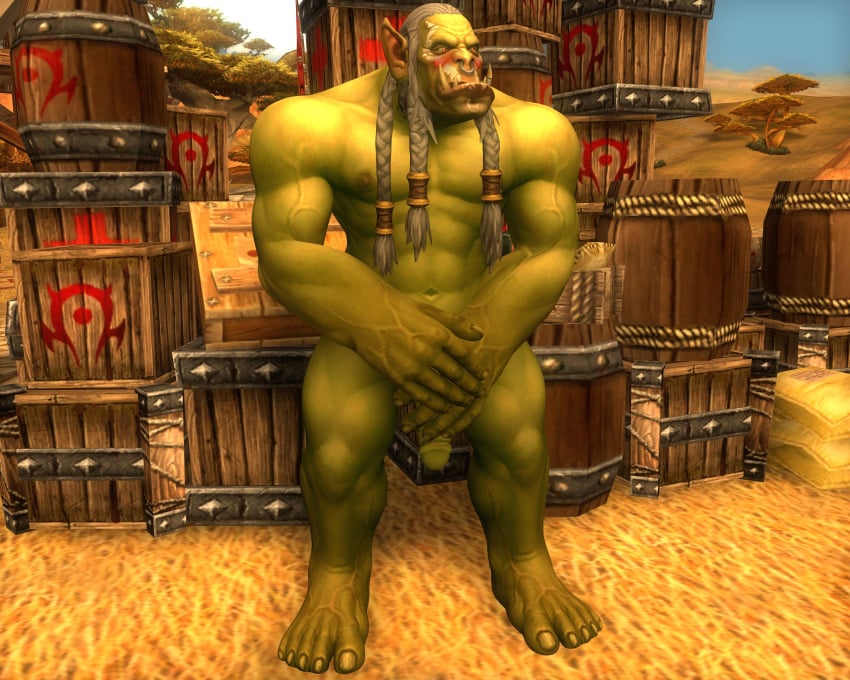 3d_(artwork) absurd_res blizzard_entertainment blush braided_hair covering covering_crotch digital_media_(artwork) genitals green_body green_skin hair hi_res humanoid male male_only muscular nahnor nude orc orc_male penis solo tusks varok_saurfang video_games warcraft